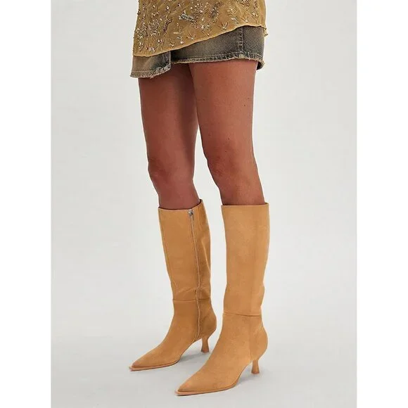 ⚡Women's Khaki Knee High Boots Kitten Low Heel Pointed Toe Leather Side Zipper
